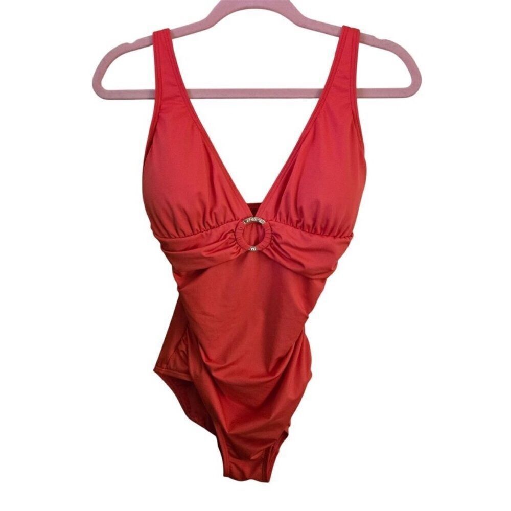 Michael Michael Kors One Piece Ruched Gold Ring Logo Geranium Swimsuit Size 8